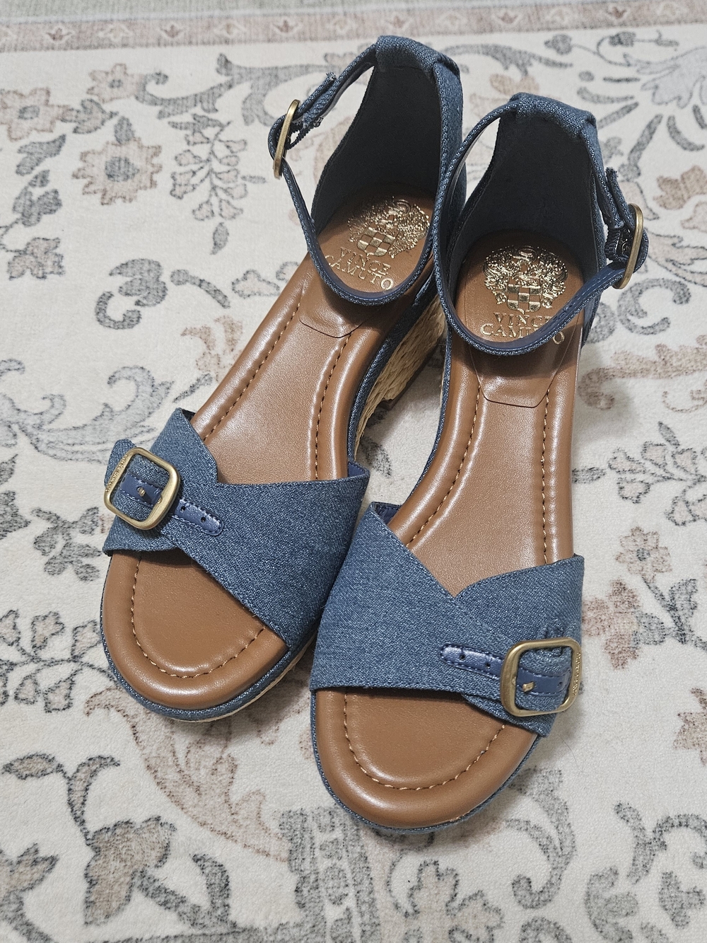 Vince Camuto Denim Blue Ankle-Strap Wedge Sandals - Women
